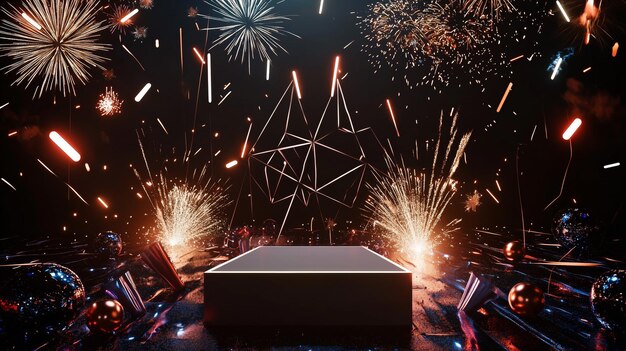 Photo a photo of an empty 3d podium with a geometric design illuminated by fireworks and surrounded