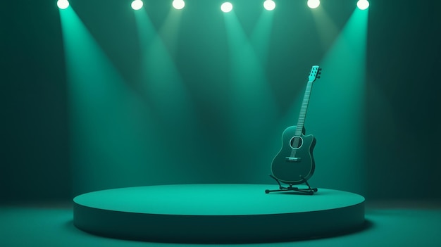 A photo of an empty 3D podium with stage lights and a guitar resting against it isolated on a dark