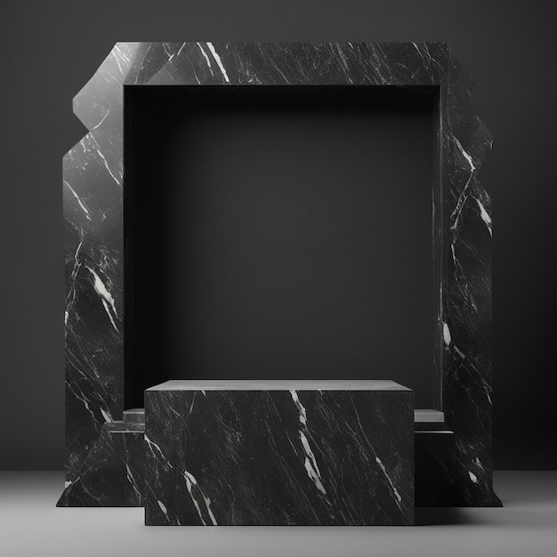 photo empty black stone product display stage 3d background with frame rock podium stand dark textur