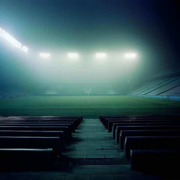 Photo of Empty foggy soccer field with stadium lights