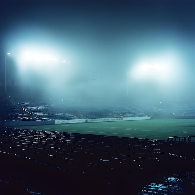 Photo photo of empty foggy soccer field with stadium lights