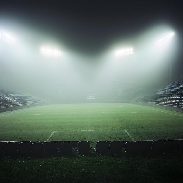 Photo of Empty foggy soccer field with stadium lights