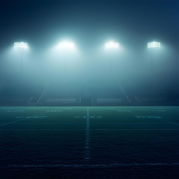 Photo photo of empty foggy soccer field with stadium lights