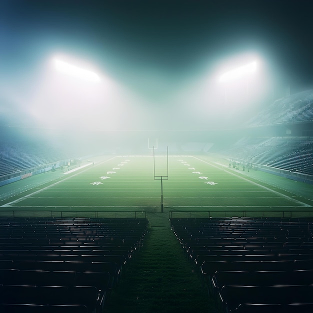 Photo of Empty foggy soccer field with stadium lights