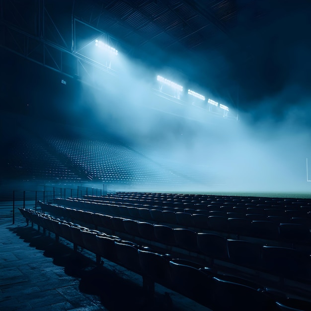 Photo of Empty foggy soccer field with stadium lights