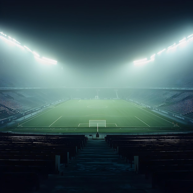 Photo of Empty foggy soccer field with stadium lights