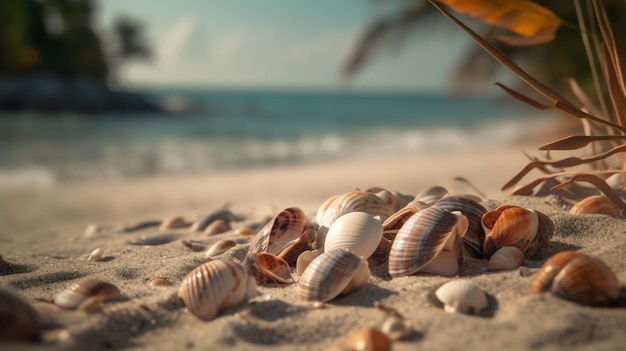 Photo of empty shell in beach with blur background generated by ai