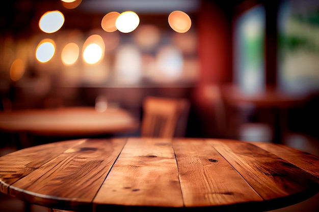 Photo empty wood table top on abstract blurred restaurant and cafe background