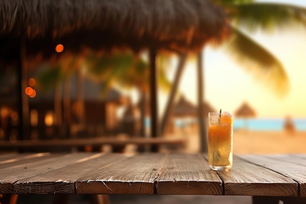 A photo of an empty wooden table with a tiki beach bar blurred background Generative AI