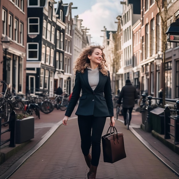 Photo of an energetic business woman briskly walking through the narrow streets of Amsterdam