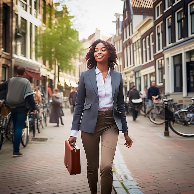 Photo of an energetic business woman briskly walking through the narrow streets of Amsterdam