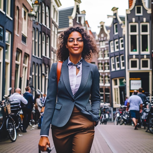 Photo of an energetic business woman briskly walking through the narrow