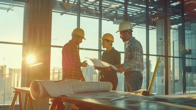 Photo of engineers wearing hardhats amp safety gear standing and working around a conference table