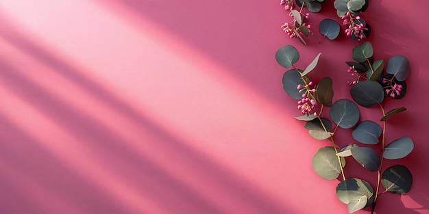 Photo of a eucalyptus branch on the right side against a plain pink background creating an elegant