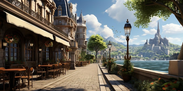 Photo european street with lampposts lined with stones overlooking the sea