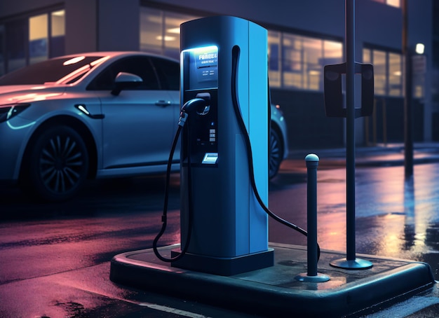 Photo ev charging station for electric car in concept of alternative green energy