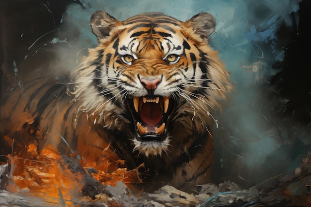 A photo expressionistic painting of a tiger focusing on capturing its energy and intensity