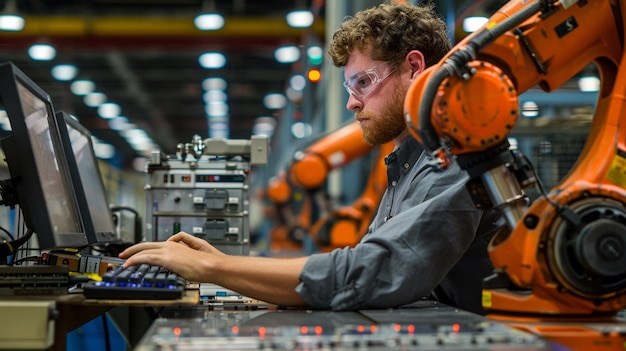 photo of In the factory a mechanical engineer works on a computer designing in CAD a 3D engine model