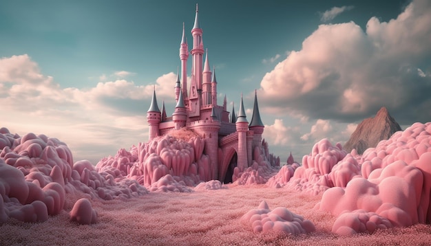 Photo a fairytale castle on a hill in the clouds pink fog envelops the castle landscape Clouds of sugar Generative Ai