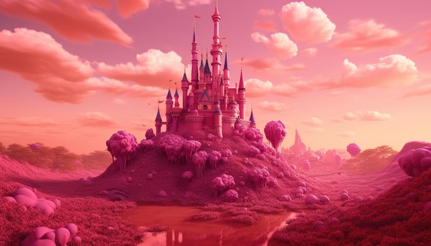 Photo a fairytale castle on a hill in the clouds pink fog envelops the castle landscape Clouds of sugar Generative Ai