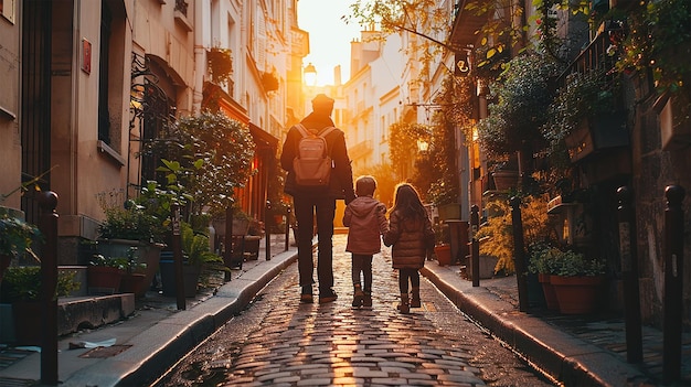 photo of a family exploring the historic district of Le Marais Paris France charming streets