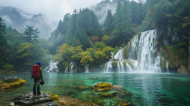 Photo photo of a family exploring the jiuzhaigou valley stunning waterfalls