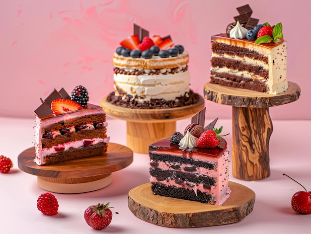 photo of fancy cakes on wooden stands AI Generative