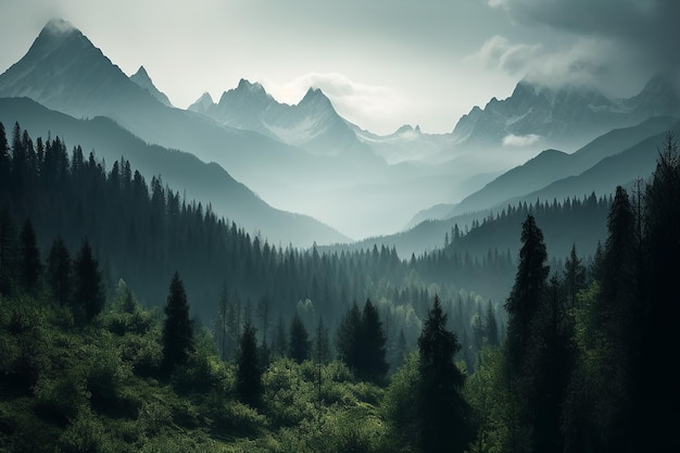 Photo fantasy mountain landscape with forest Generative AI