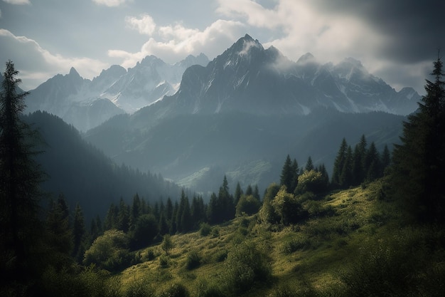 Photo fantasy mountain landscape with forest Generative AI