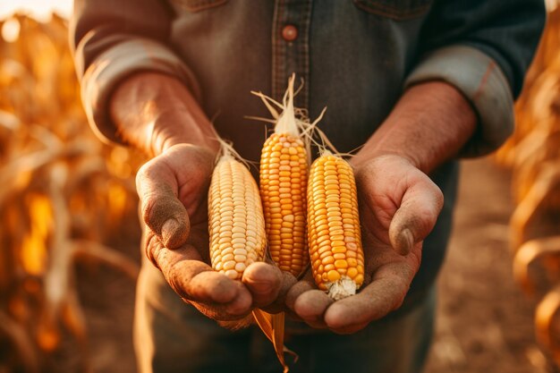 Photo farmer holding corn cobs in hand in corn field