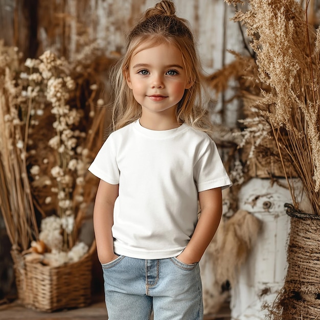 photo of fashion model kids girl white color plain tshirt mockup