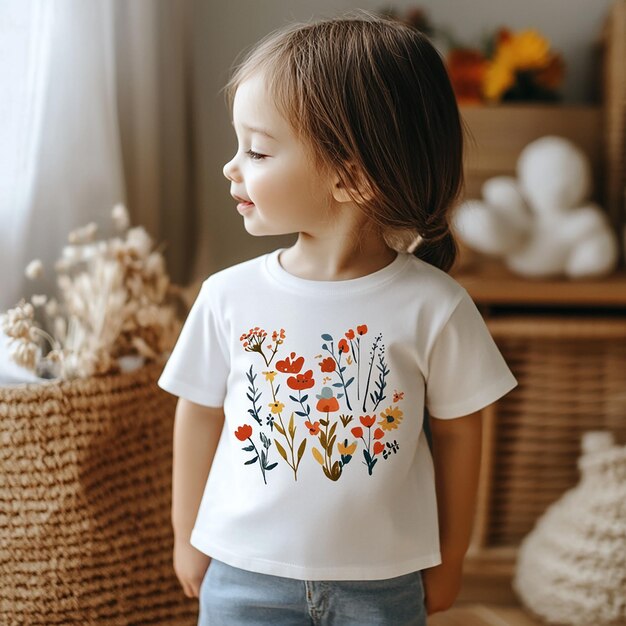 Photo photo of fashion model kids girl white plain tshirt mockup