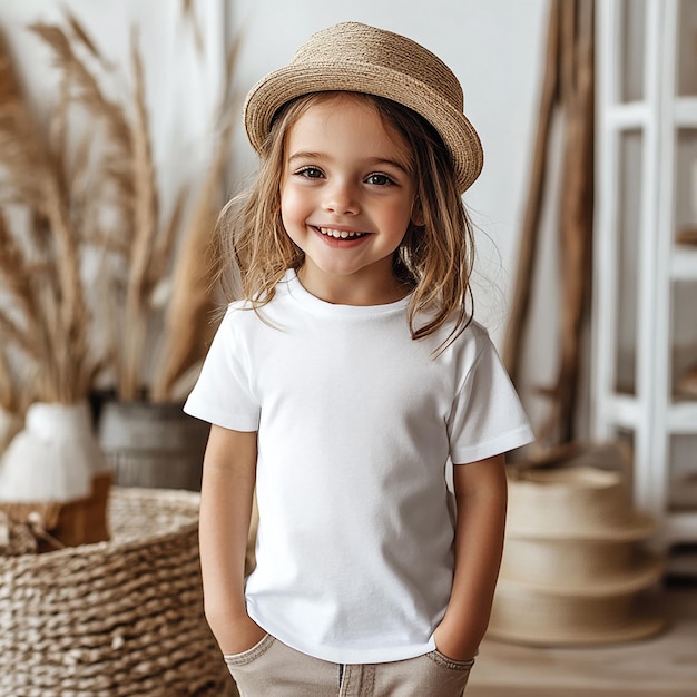 Photo photo of fashion model kids girl white plain tshirt mockup