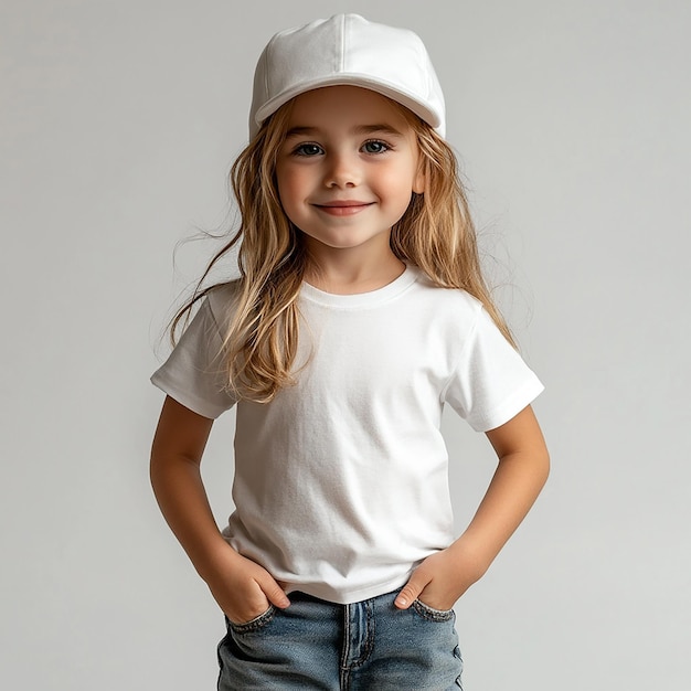 Photo photo of fashion model kids girl white plain tshirt mockup