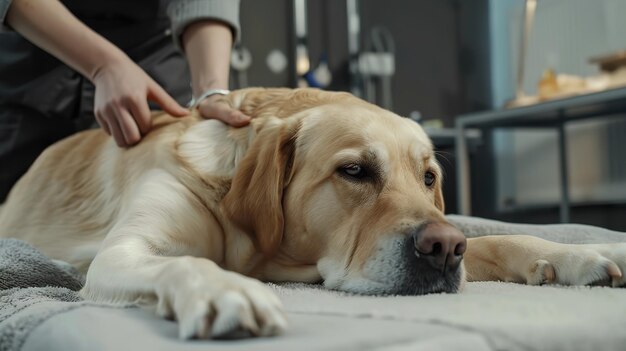 Photo photo of a fawn labrador retriever relaxing on a massage table