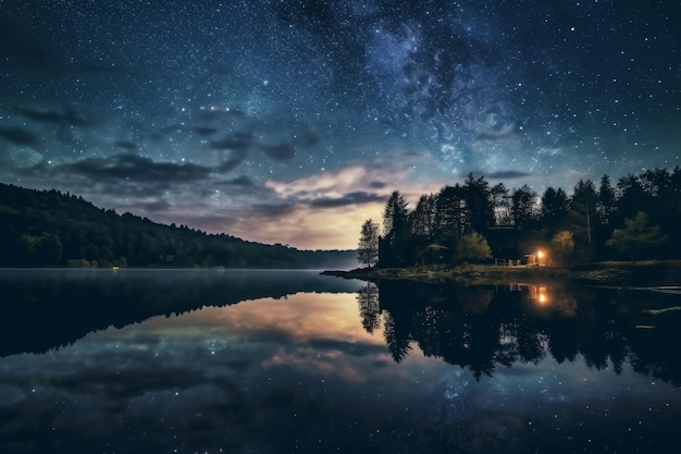 Photo photo features the magical view of a milkyway and a lake