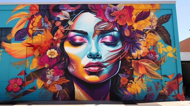 A Photo featuring a close up of a vibrant and lively street mural or graffiti art