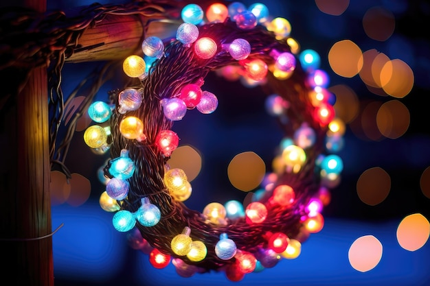 Photo featuring a festive wreath adorned with vibrant ribbons ornaments and twinkling lights Christmas Concept Generative AI