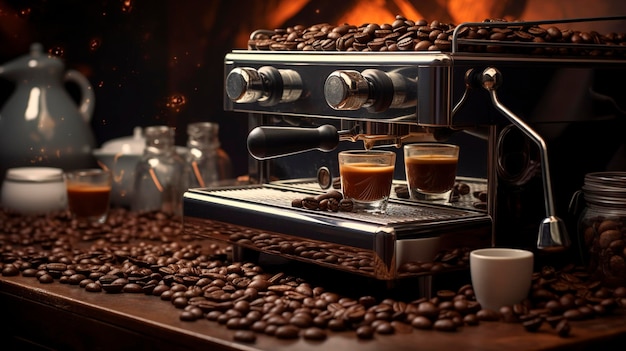 A Photo featuring a hyper detailed shot of an espresso machine with coffee beans