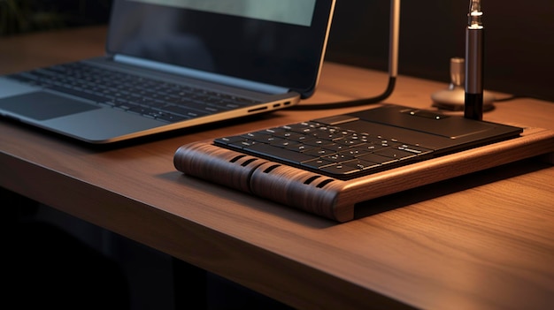 A Photo featuring a hyper detailed shot of a stylish laptop stand or riser