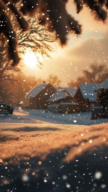 A photo featuring a snowy landscape with houses and trees in the background