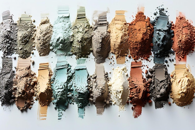 A photo featuring various shades and colors of clay powder arranged on the left side against a white