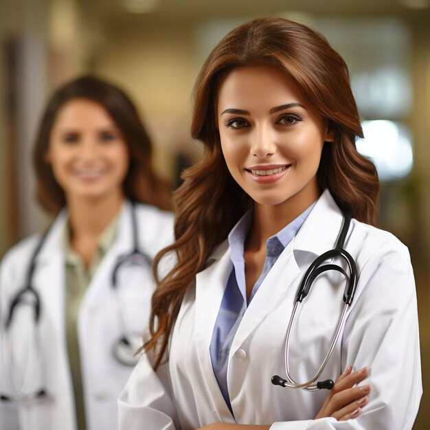 photo female doctor physician in medical uniform with stethoscope cross arms on chest smiling