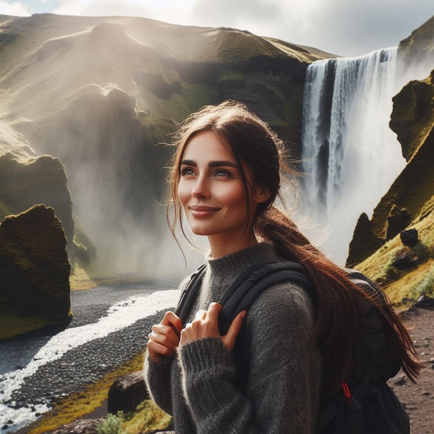 Photo female hiker with a view of kvernufoss waterfall in south iceland