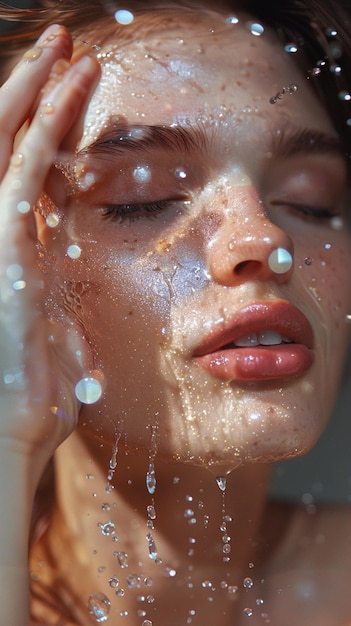 Photo of Female model holding cosmetic product spraying small water droplets