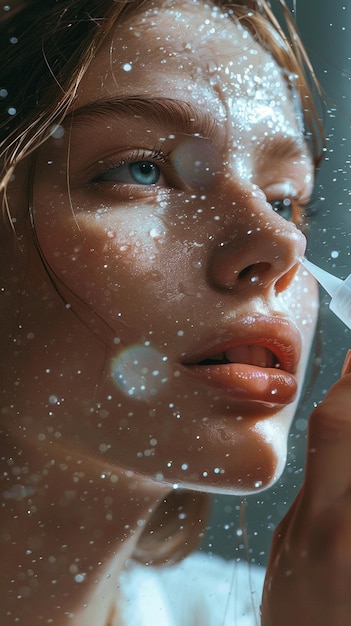 Photo of Female model holding cosmetic product spraying small water droplets