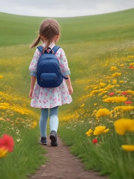 Photo first day at school a little school girl in first grade pupil of primary school back to school