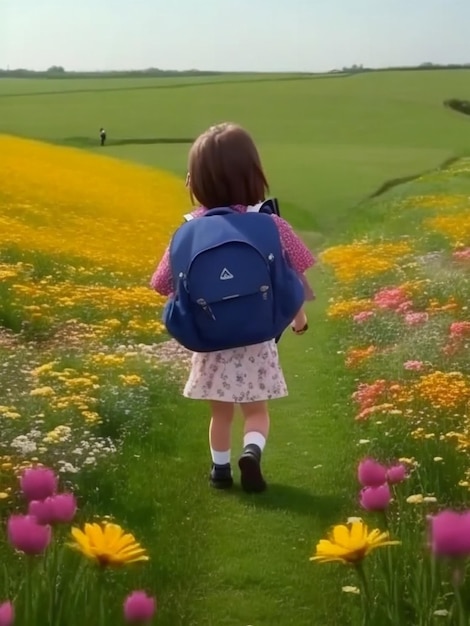 Photo first day at school a little school girl in first grade pupil of primary school back to school