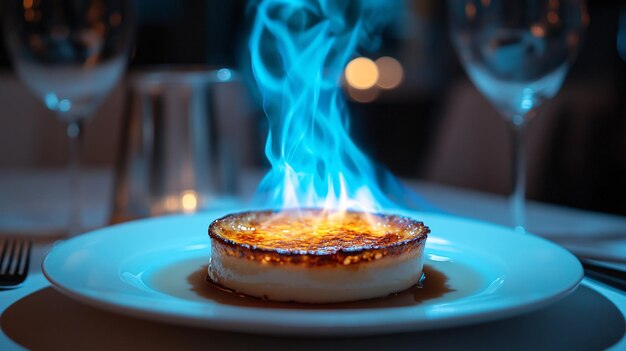 Photo of a flambeed dessert such as a classic creme brulee with a sugar crust being caramelized by a blue flame The dish is set on a white porcelain plate and the fire illuminates the creamy