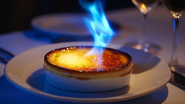 Photo of a flambeed dessert such as a classic creme brulee with a sugar crust being caramelized by a blue flame The dish is set on a white porcelain plate and the fire illuminates the creamy